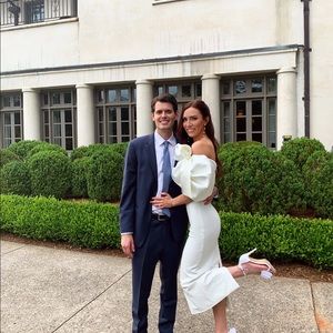 Solace London White one shoulder poof sleeve dress